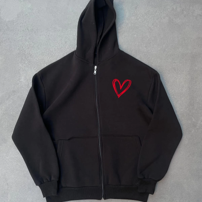 Üç İplik Baskılı Fermuarlı Kapüşonlu Hırka - Siyah -