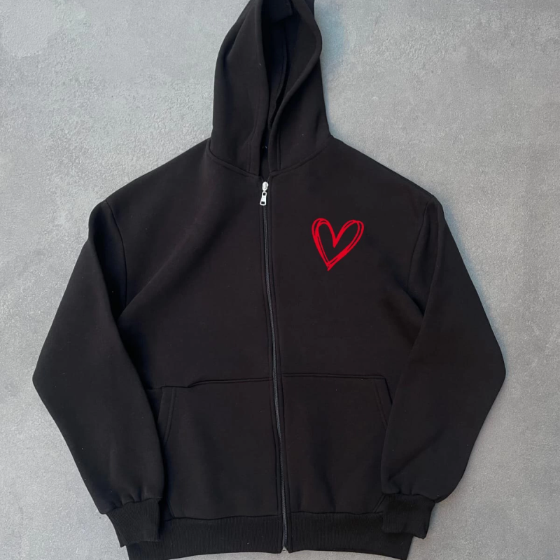 Üç İplik Baskılı Fermuarlı Kapüşonlu Hırka - Siyah -