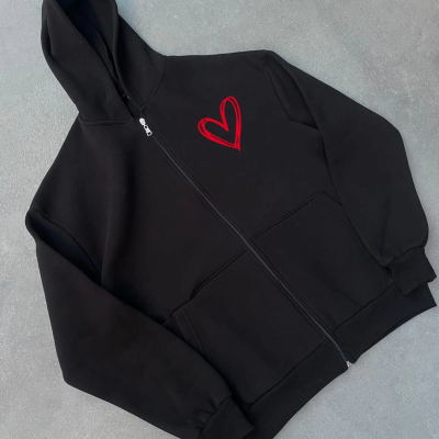 Üç İplik Baskılı Fermuarlı Kapüşonlu Hırka - Siyah -