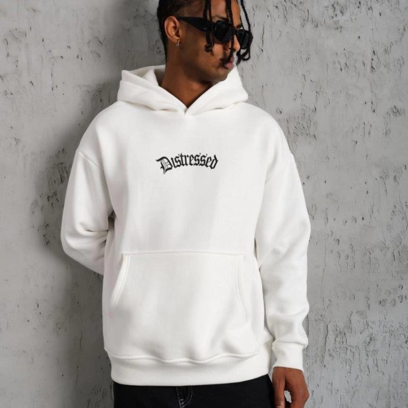 Üç İplik Baskılı Kapüşonlu Sweat - Beyaz -