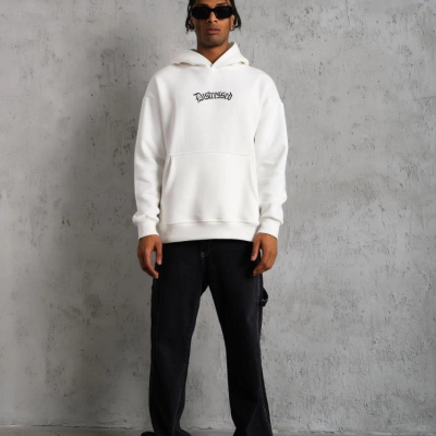 Üç İplik Baskılı Kapüşonlu Sweat - Beyaz -