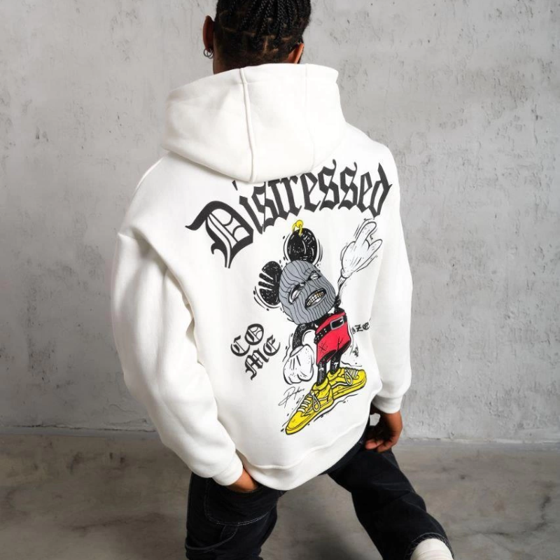 Üç İplik Baskılı Kapüşonlu Sweat - Beyaz -