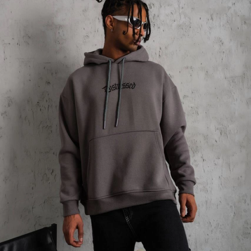 Üç İplik Baskılı Kapüşonlu Sweat - Gri