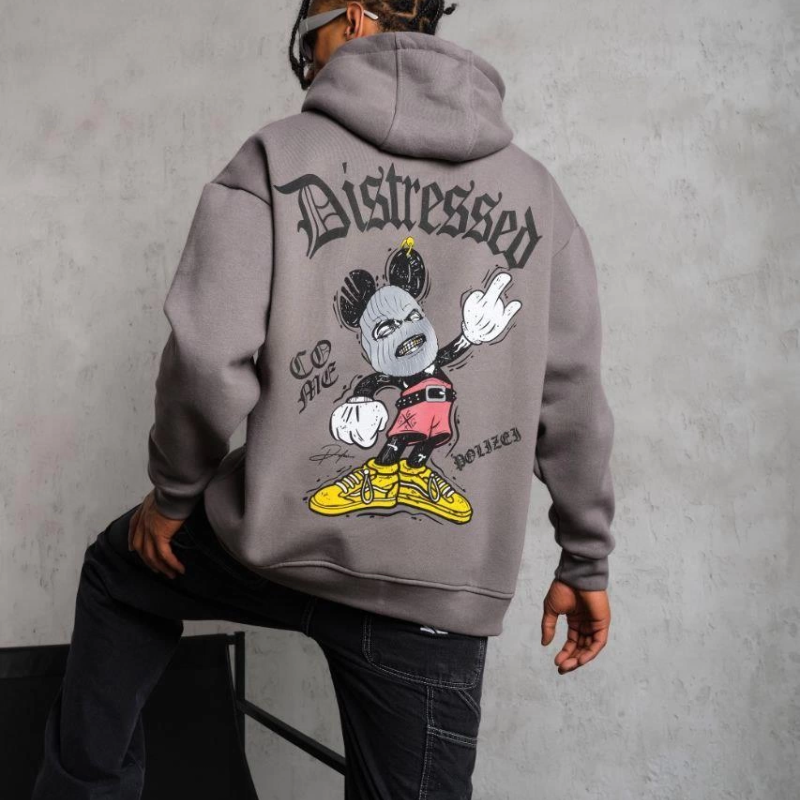 Üç İplik Baskılı Kapüşonlu Sweat - Gri