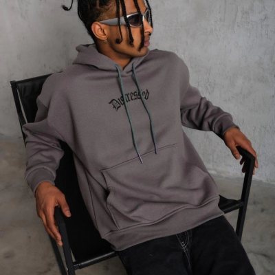 Üç İplik Baskılı Kapüşonlu Sweat - Gri