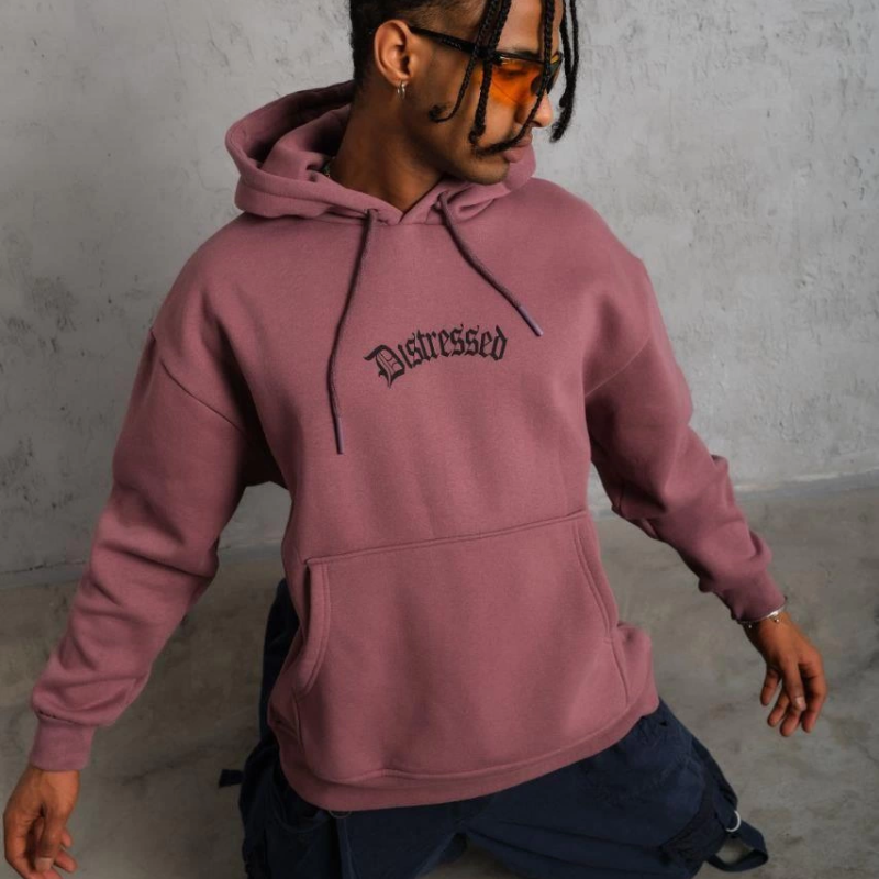 Üç İplik Baskılı Kapüşonlu Sweat - Gül Kurusu