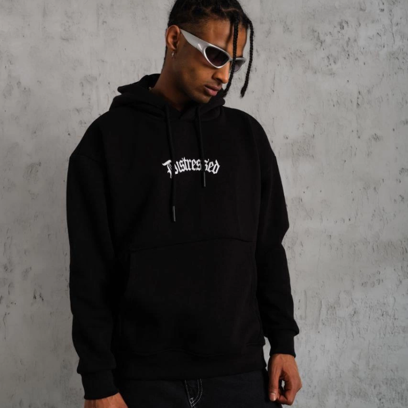 Üç İplik Baskılı Kapüşonlu Sweat - Siyah -