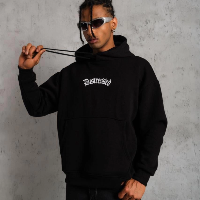 Üç İplik Baskılı Kapüşonlu Sweat - Siyah -