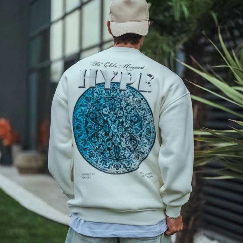 Üç İplik Bisiklet Yaka Baskılı SweatShirt - Beyaz -