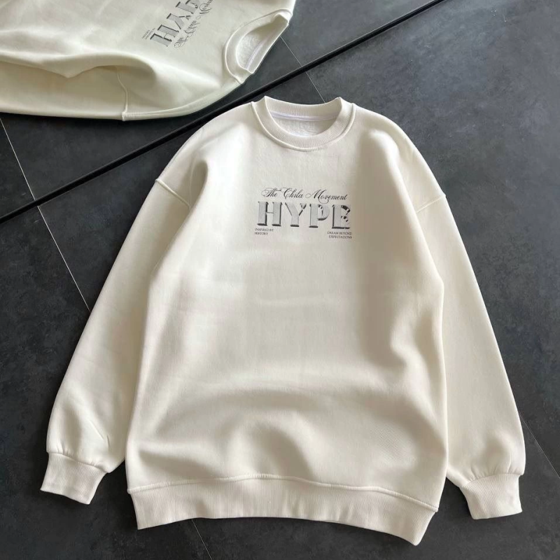 Üç İplik Bisiklet Yaka Baskılı SweatShirt - Beyaz -