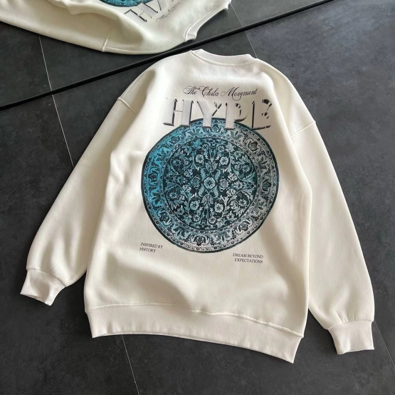 Üç İplik Bisiklet Yaka Baskılı SweatShirt - Beyaz -