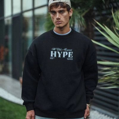 Üç İplik Bisiklet Yaka Baskılı SweatShirt - Siyah -