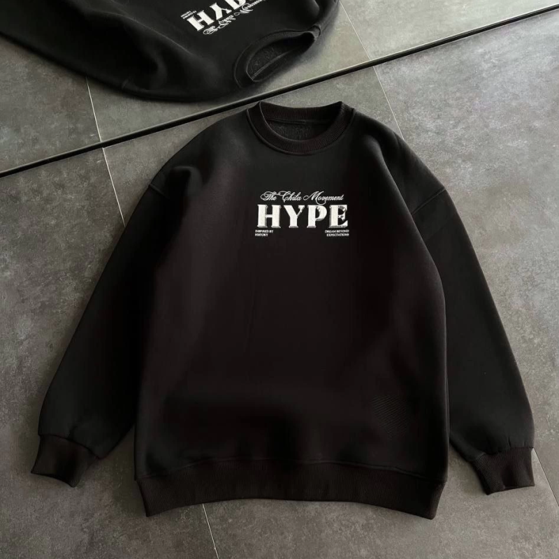 Üç İplik Bisiklet Yaka Baskılı SweatShirt - Siyah -