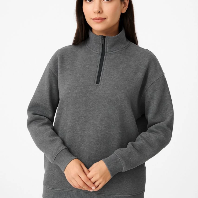 Üç İplik Dık Yaka Yarım Fermuarlı SweatShirt - Antrasit -