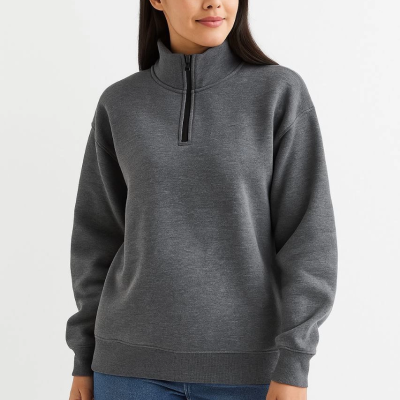 Üç İplik Dık Yaka Yarım Fermuarlı SweatShirt - Antrasit -