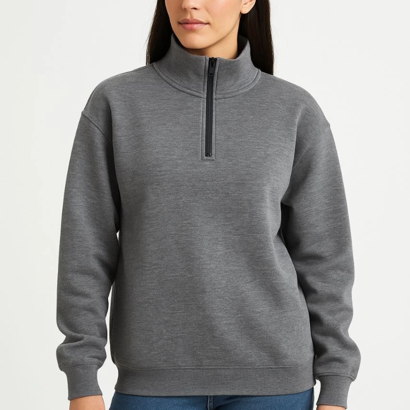 Üç İplik Dık Yaka Yarım Fermuarlı SweatShirt - Antrasit -