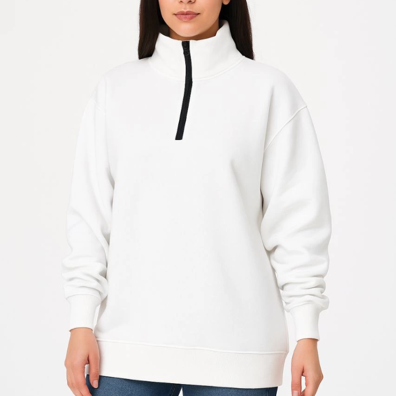 Üç İplik Dık Yaka Yarım Fermuarlı SweatShirt - Beyaz -