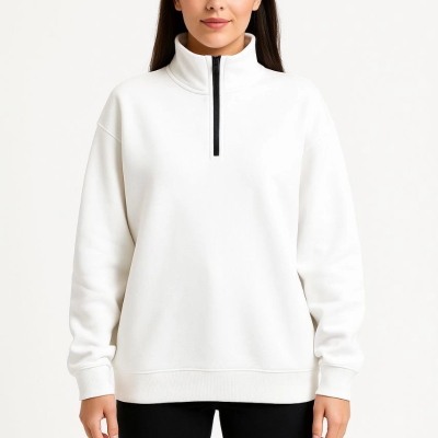 Üç İplik Dık Yaka Yarım Fermuarlı SweatShirt - Beyaz -