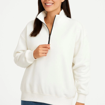 Üç İplik Dık Yaka Yarım Fermuarlı SweatShirt - Beyaz -