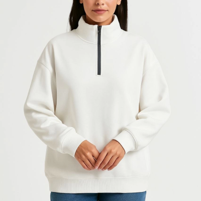 Üç İplik Dık Yaka Yarım Fermuarlı SweatShirt - Beyaz -