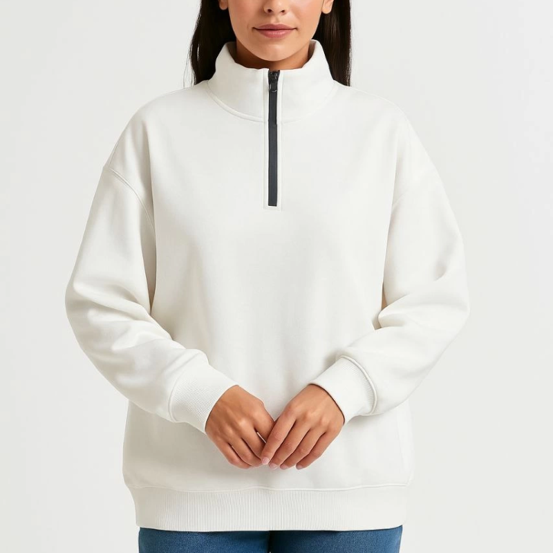 Üç İplik Dık Yaka Yarım Fermuarlı SweatShirt - Beyaz -