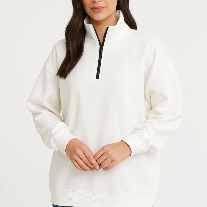 Üç İplik Dık Yaka Yarım Fermuarlı SweatShirt - Beyaz -