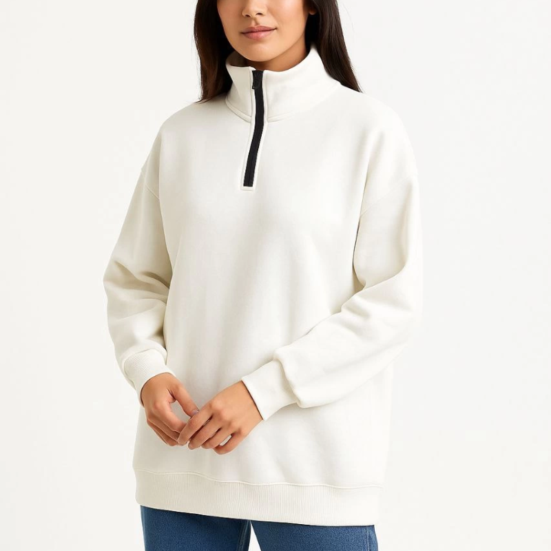 Üç İplik Dık Yaka Yarım Fermuarlı SweatShirt - Beyaz -