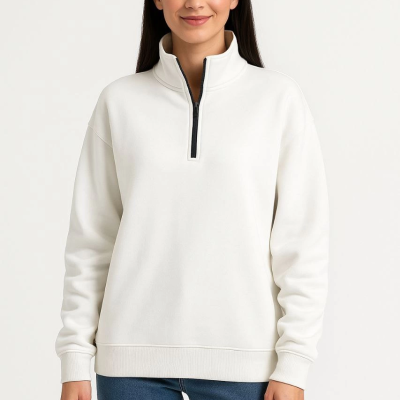 Üç İplik Dık Yaka Yarım Fermuarlı SweatShirt - Beyaz -