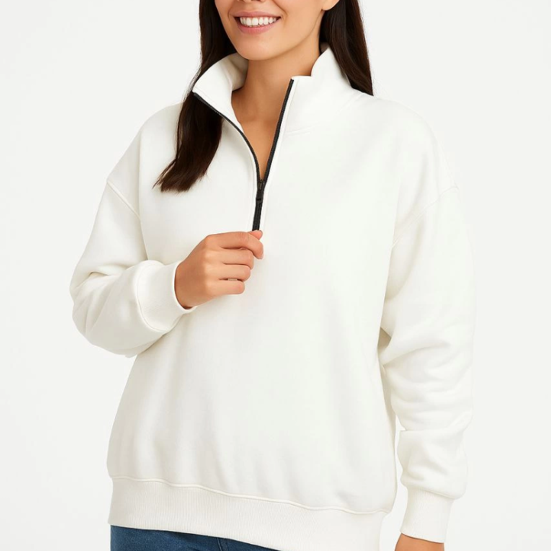 Üç İplik Dık Yaka Yarım Fermuarlı SweatShirt - Beyaz -