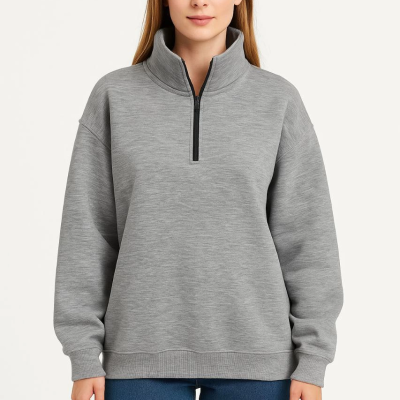 Üç İplik Dık Yaka Yarım Fermuarlı SweatShirt - Gri -