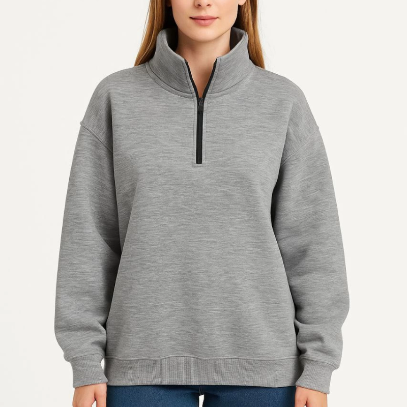 Üç İplik Dık Yaka Yarım Fermuarlı SweatShirt - Gri -