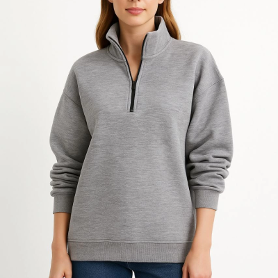 Üç İplik Dık Yaka Yarım Fermuarlı SweatShirt - Gri -