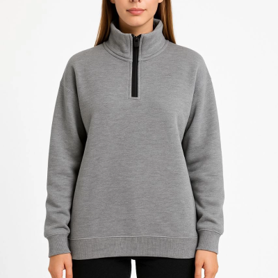 Üç İplik Dık Yaka Yarım Fermuarlı SweatShirt - Gri -