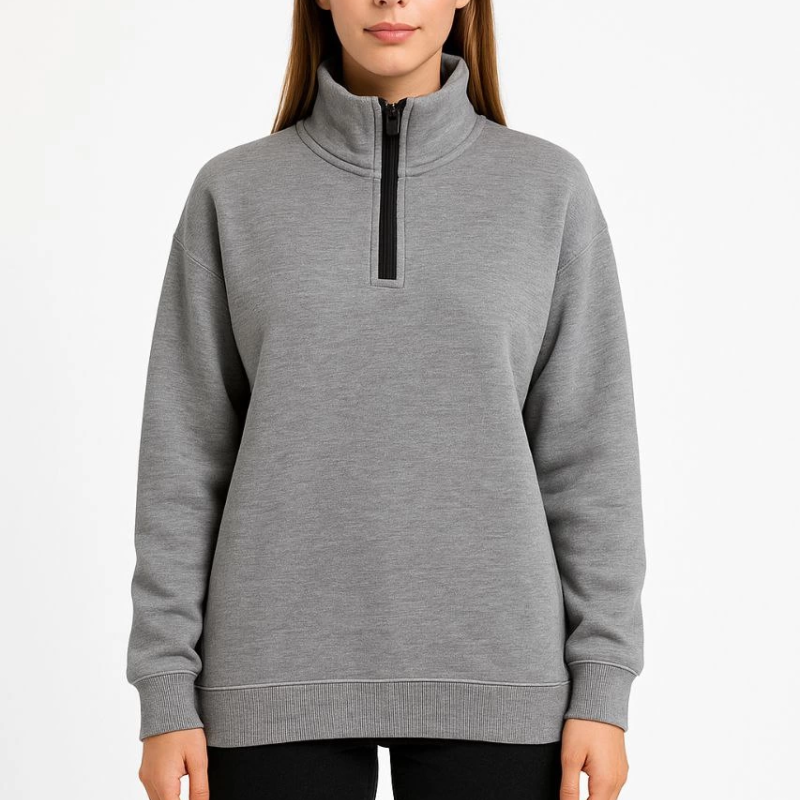 Üç İplik Dık Yaka Yarım Fermuarlı SweatShirt - Gri -