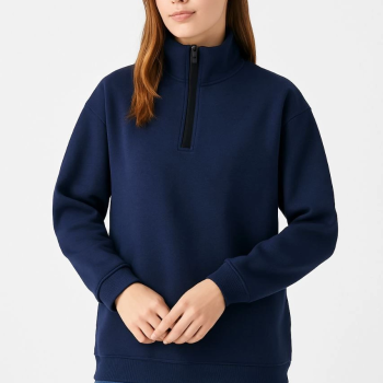 Üç İplik Dık Yaka Yarım Fermuarlı SweatShirt - Lacivert