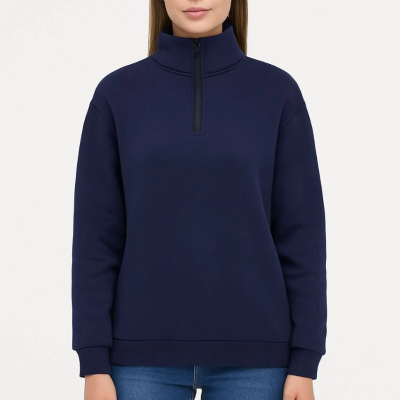 Üç İplik Dık Yaka Yarım Fermuarlı SweatShirt - Lacivert