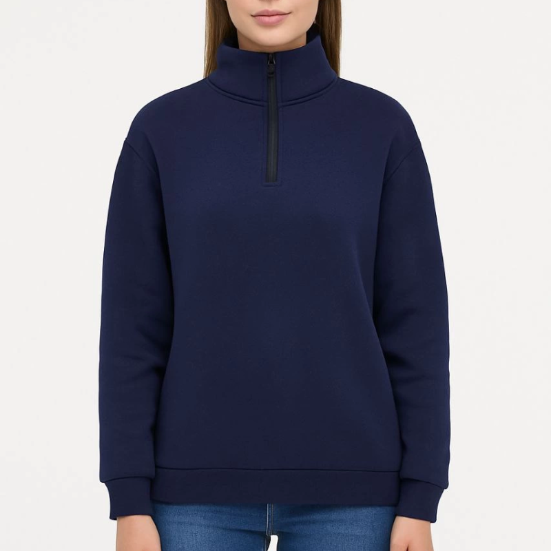 Üç İplik Dık Yaka Yarım Fermuarlı SweatShirt - Lacivert