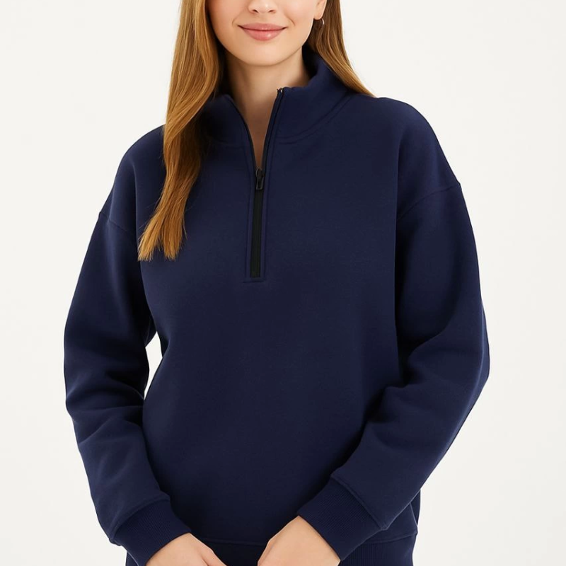 Üç İplik Dık Yaka Yarım Fermuarlı SweatShirt - Lacivert