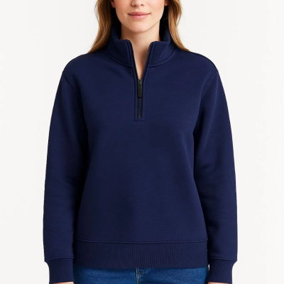 Üç İplik Dık Yaka Yarım Fermuarlı SweatShirt - Lacivert