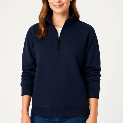 Üç İplik Dık Yaka Yarım Fermuarlı SweatShirt - Lacivert