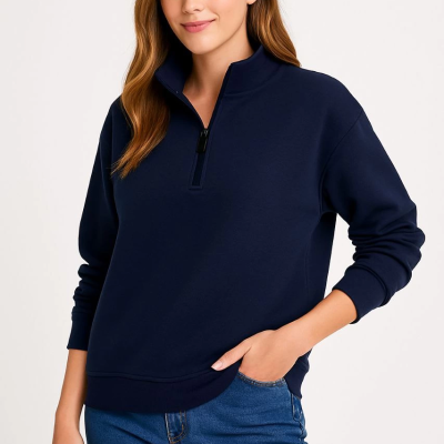 Üç İplik Dık Yaka Yarım Fermuarlı SweatShirt - Lacivert