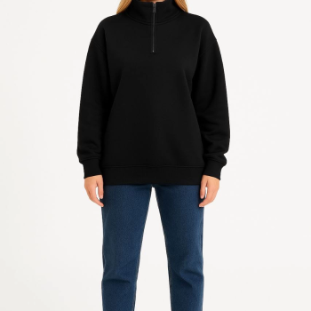 Üç İplik Dık Yaka Yarım Fermuarlı SweatShirt - Siyah -