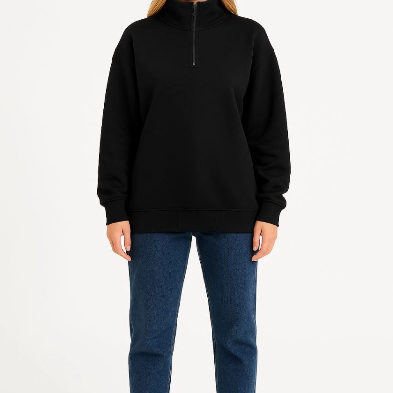 Üç İplik Dık Yaka Yarım Fermuarlı SweatShirt - Siyah -