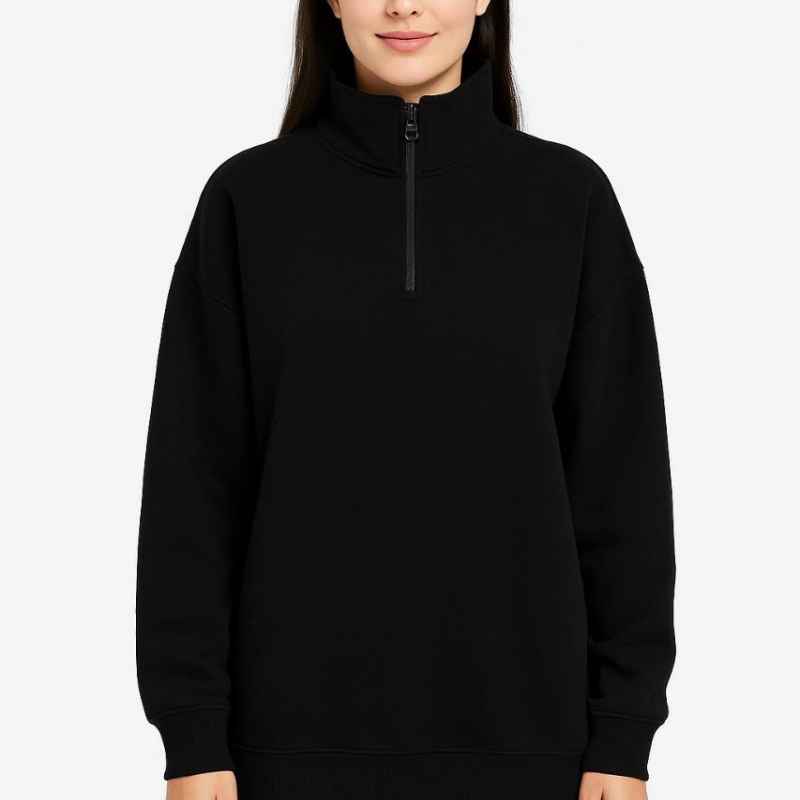 Üç İplik Dık Yaka Yarım Fermuarlı SweatShirt - Siyah -