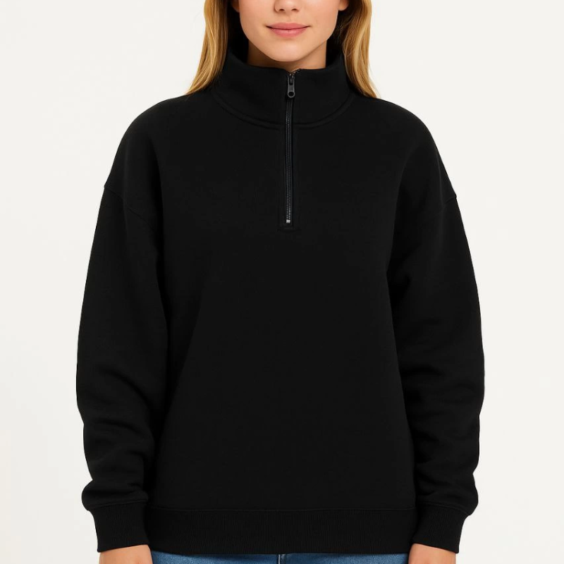 Üç İplik Dık Yaka Yarım Fermuarlı SweatShirt - Siyah -