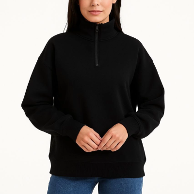 Üç İplik Dık Yaka Yarım Fermuarlı SweatShirt - Siyah -