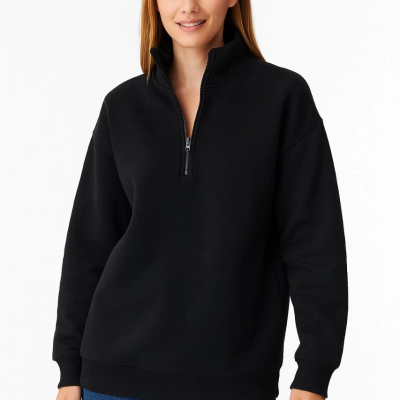 Üç İplik Dık Yaka Yarım Fermuarlı SweatShirt - Siyah -