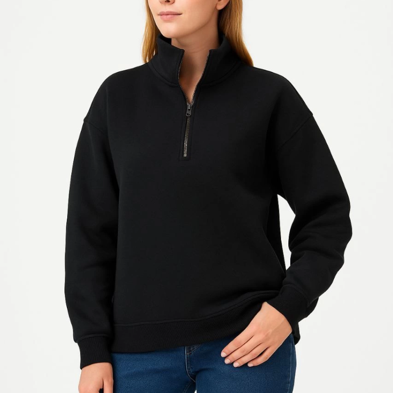 Üç İplik Dık Yaka Yarım Fermuarlı SweatShirt - Siyah -