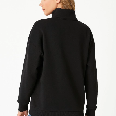 Üç İplik Dık Yaka Yarım Fermuarlı SweatShirt - Siyah -