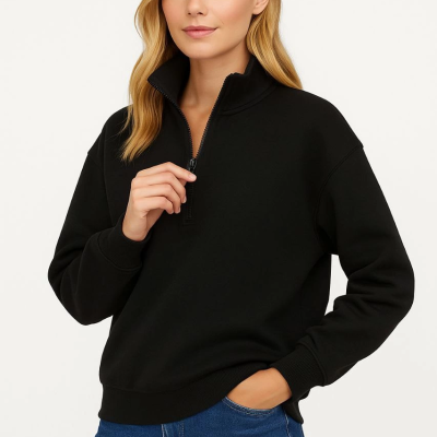 Üç İplik Dık Yaka Yarım Fermuarlı SweatShirt - Siyah -